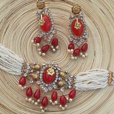 Gold Plated Chokar Set With Red Stone