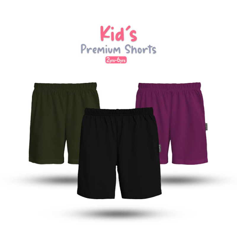 Kids Premium Cotton Shorts Combo - Olive, Black, Purple