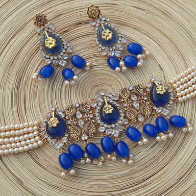 Gold Plated Chokar Set With Blue Stone