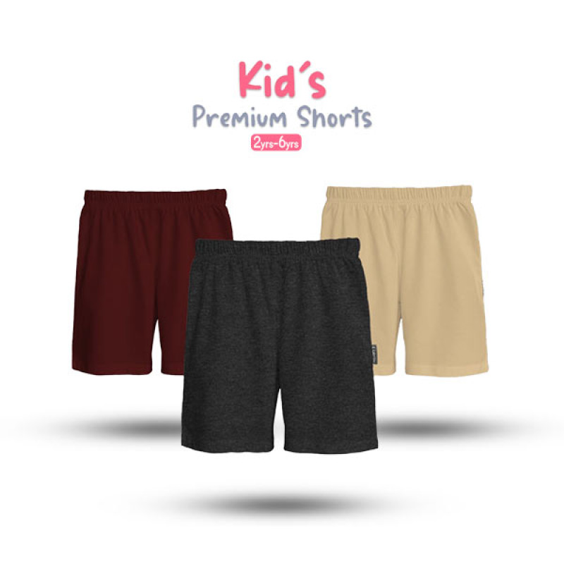 Kids Premium Cotton Shorts Combo - Red Wine, Anthra melange, Tan