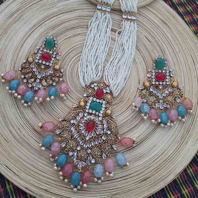 Gold Plated Stone Real Stone with Real Beads & Gura Beads Work