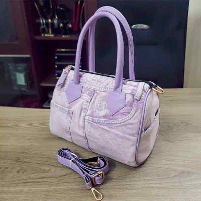 Fashionable Fabric & Leather Mix Duffle Handbag