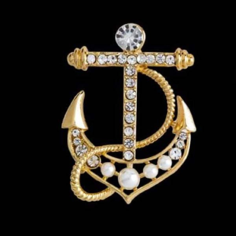 Navy Wind Crystal Rhinestone Anchor Brooch