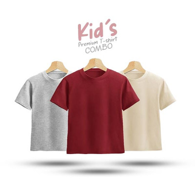 Kids Premium Blank T-Shirt Combo Gray Melange, Red, Cream