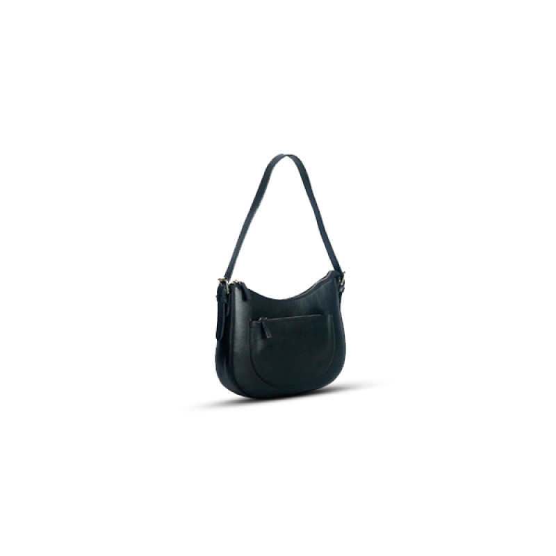 Curved Black Leather Hand Bag