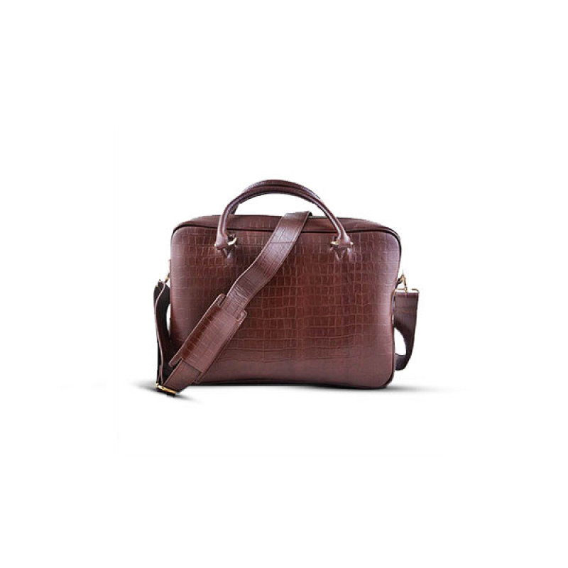 Croco Print Brown Leather Briefcase Bag