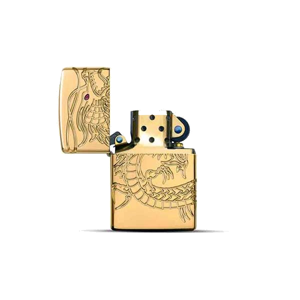 ASIAN DRAGON DESIGN ZIPPO open — windproof insert, no flame